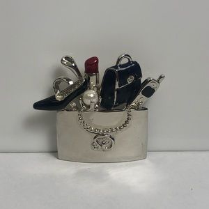 Women’s St John shopping bag Brooch/Pin purse lipstick shoe Chrome black 2”x2.5